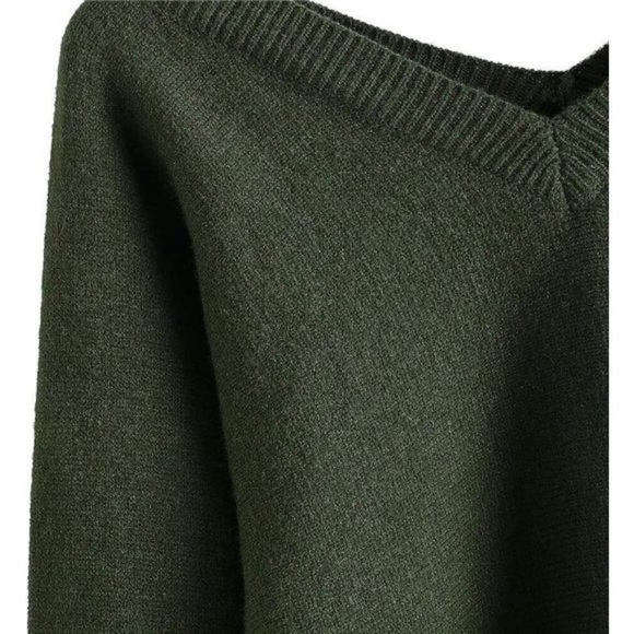 Women's Cropped Sweater V-Neck Long Sleeve 1-green - Picture 3 of 7